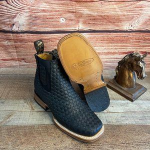 Men Western Square Toe Cowboy ANKLE BOOT Woven Braided Botin Vaquera Tejida Piel